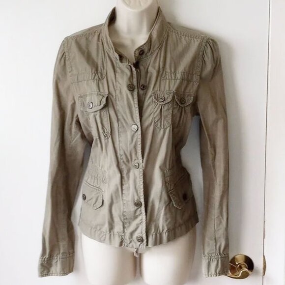 Ann Taylor Loft Cotton Military Zip Snap Jacket M Khaki - Picture 1 of 4
